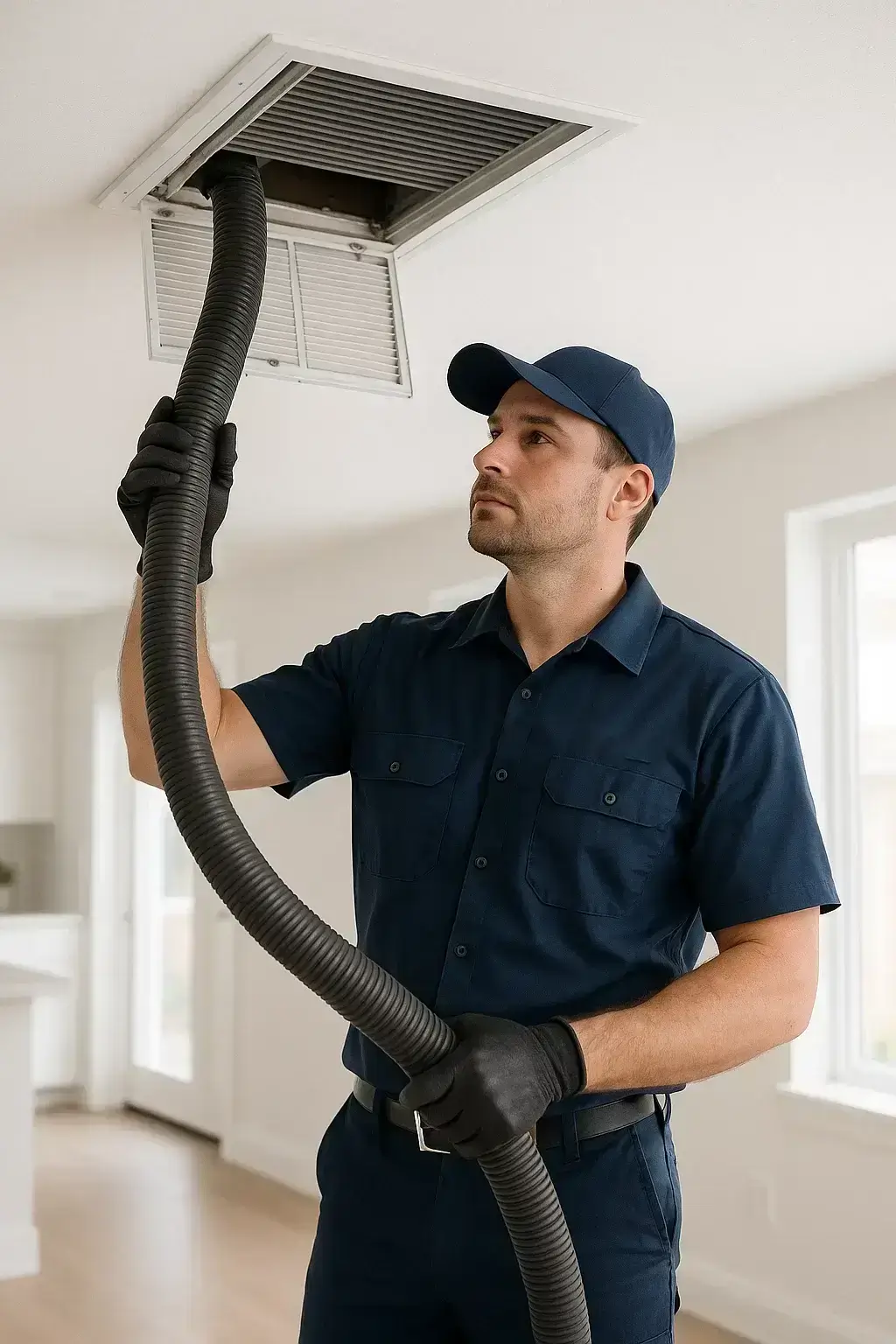 Professional Kingwood TX Air ducts Cleaning  technician cleaning an air vent inside a bright modern home
